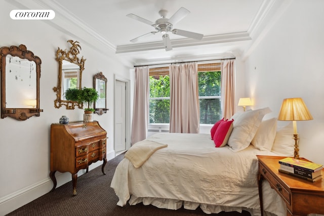 bedroom featuring crown molding, visible vents, a ceiling fan, carpet flooring, and baseboards