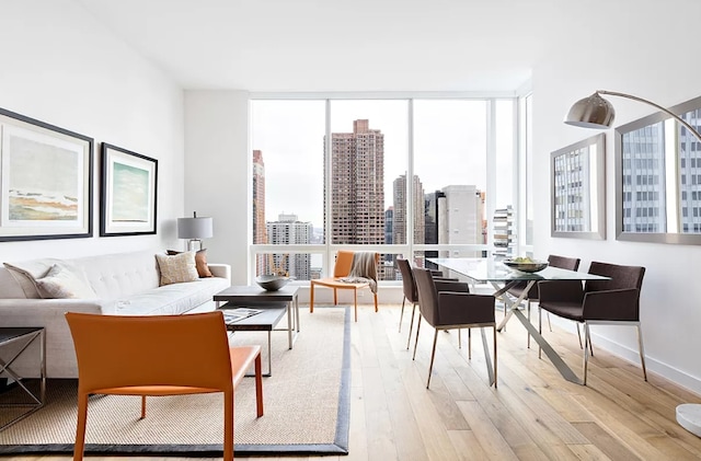 interior space featuring a wall of windows and light hardwood / wood-style floors