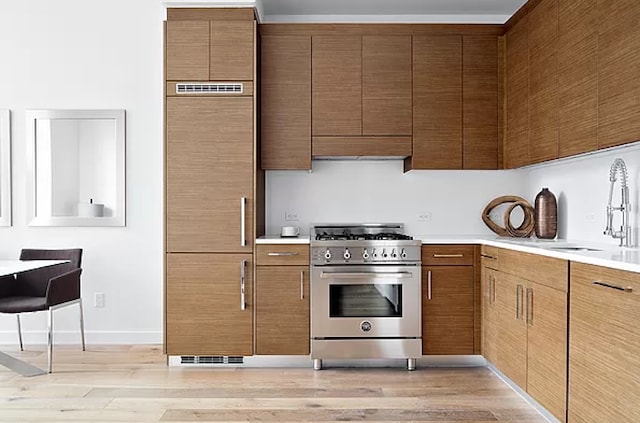 kitchen with high end range, light wood-type flooring, light countertops, and a sink
