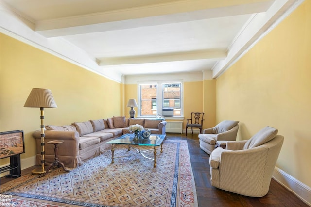 living room with crown molding, dark hardwood / wood-style floors, and beamed ceiling