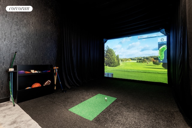 430 E 58th St Unit 19B, New York City, NY 10022 - playroom featuring golf simulator and carpet flooring