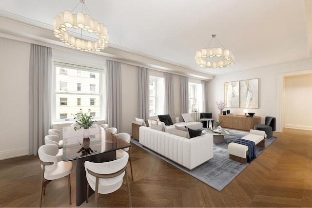 living room with dark parquet floors and an inviting chandelier