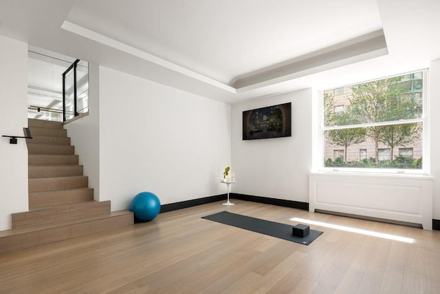 exercise room featuring a tray ceiling and light wood-type flooring