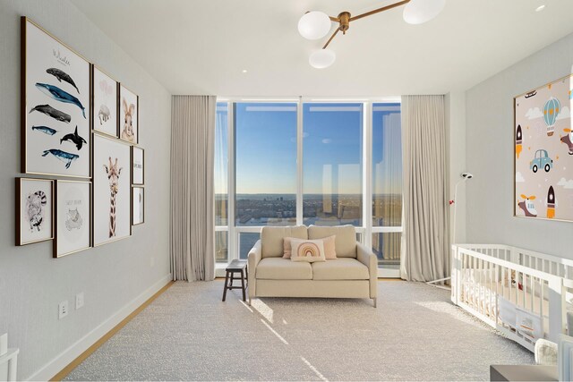 carpeted bedroom with expansive windows and a nursery area