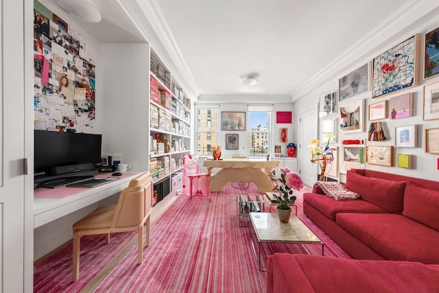 interior space featuring crown molding, built in desk, and built in shelves