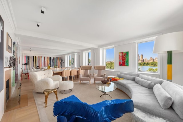 living room with crown molding, a water view, and light wood-type flooring