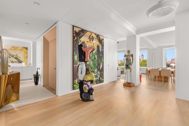 interior space featuring ornamental molding, a healthy amount of sunlight, and light wood-type flooring