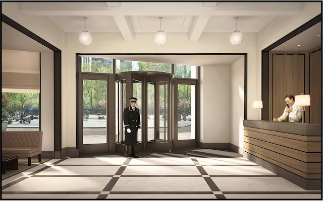 doorway with baseboards and beamed ceiling