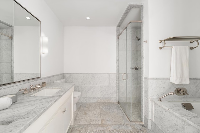 full bath featuring vanity, a stall shower, toilet, and a bath