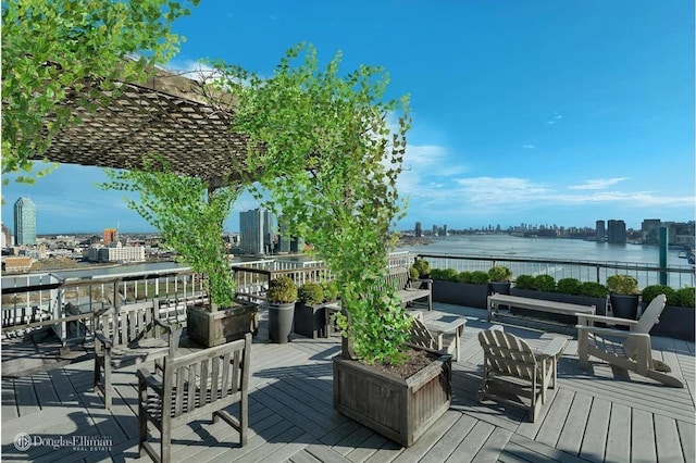 45 Sutton Pl S Unit 17Fspl, New York City, NY 10022 - wooden terrace featuring a view of city, outdoor lounge area, and a water view