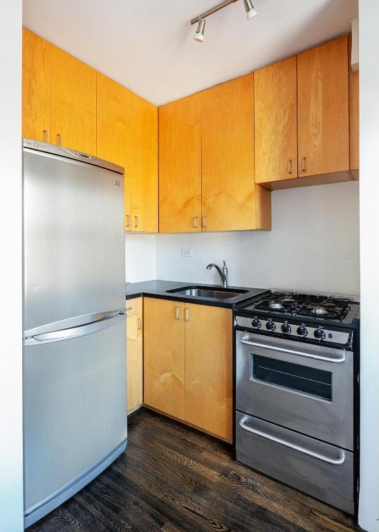 kitchen featuring appliances with stainless steel finishes, sink, and dark hardwood / wood-style flooring