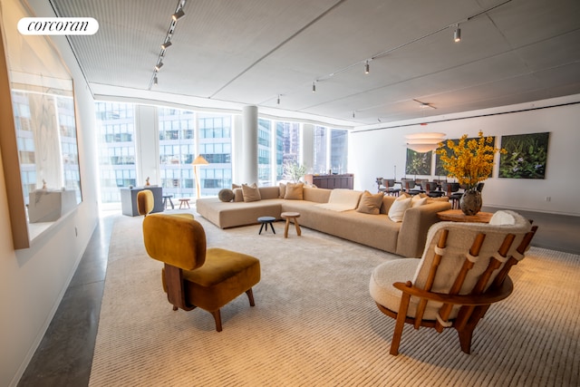 living room featuring rail lighting and expansive windows