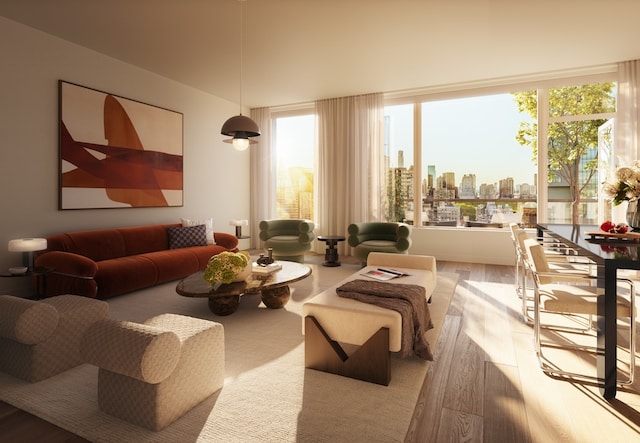 living room with wood finished floors and a city view