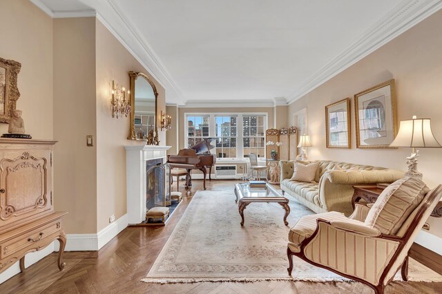 living room with ornamental molding and dark parquet floors