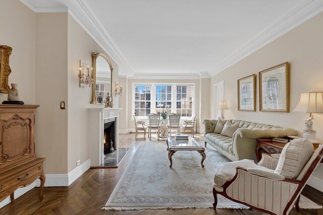 dining area featuring crown molding and dark parquet floors