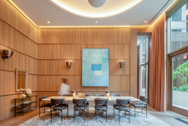 community lobby with wood walls