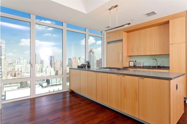 kitchen with pendant lighting, sink, dark wood-type flooring, expansive windows, and light brown cabinets