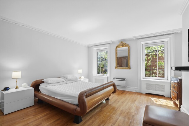 bedroom featuring light wood finished floors, radiator heating unit, and ornamental molding