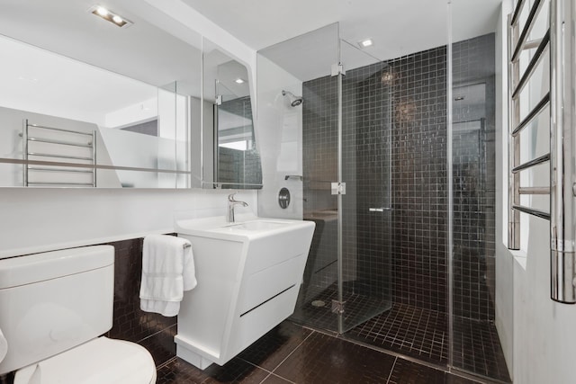 bathroom with toilet, a shower stall, and vanity