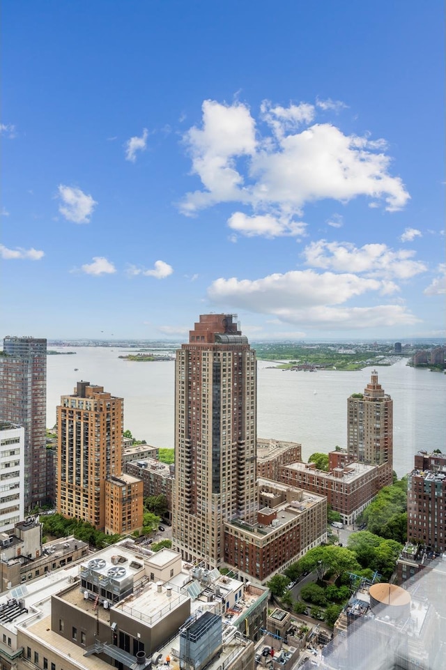 aerial view with a water view and a city view