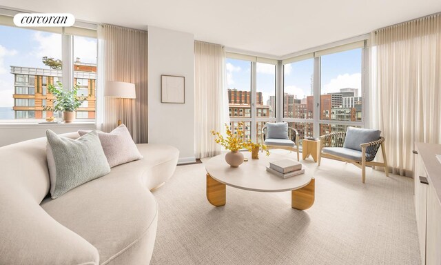 living room with a wall of windows, a wealth of natural light, and light colored carpet