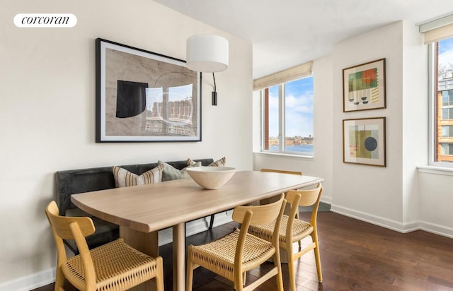 dining space with breakfast area, dark wood-type flooring, and plenty of natural light