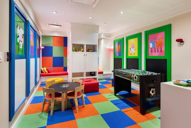 game room featuring recessed lighting, crown molding, and tile patterned floors