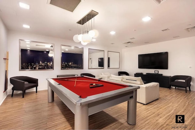 recreation room featuring billiards, visible vents, and light wood finished floors