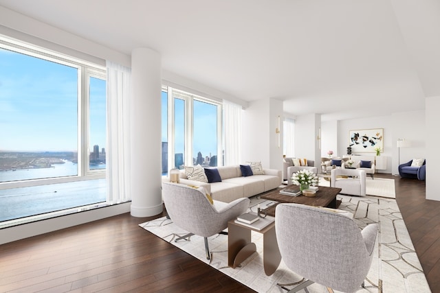 living room featuring hardwood / wood-style floors, a wealth of natural light, and a water view