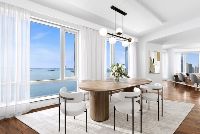 dining room with hardwood / wood-style flooring, a chandelier, and a water view