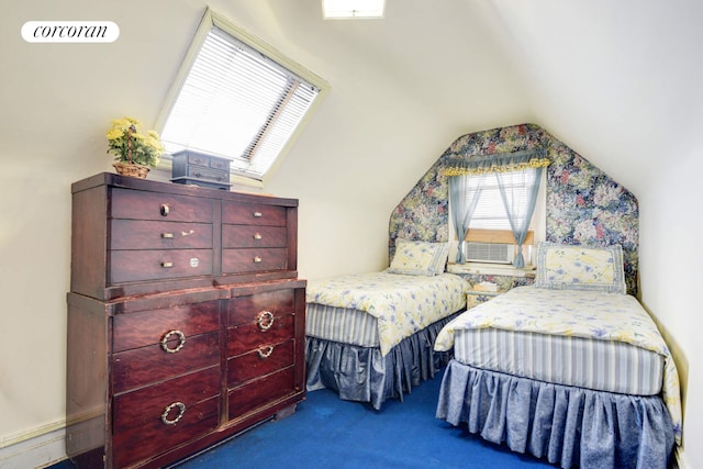 bedroom featuring lofted ceiling and carpet flooring