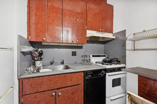 kitchen featuring black dishwasher, white gas stove, a sink, and under cabinet range hood