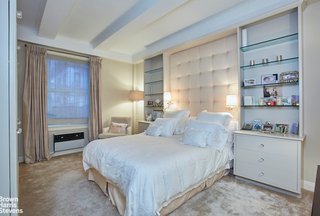 bedroom with light colored carpet and beamed ceiling