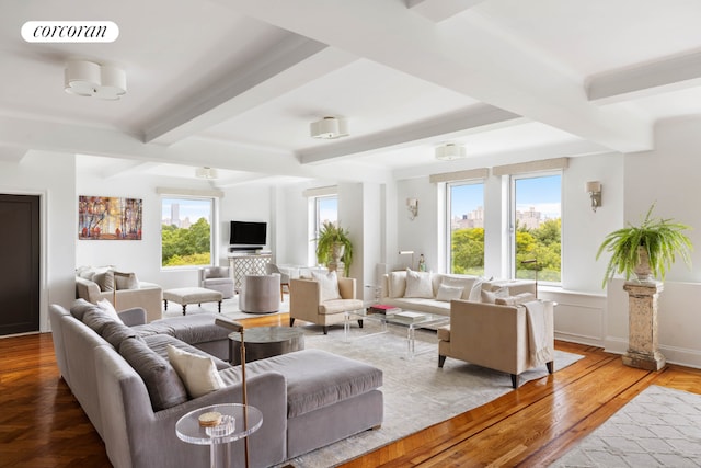 living room featuring beamed ceiling