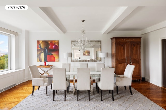 dining area with light parquet floors, beamed ceiling, and an inviting chandelier