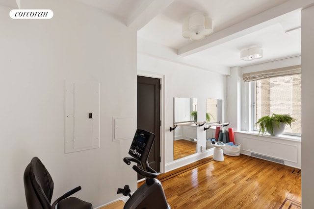 exercise room with light hardwood / wood-style floors and electric panel