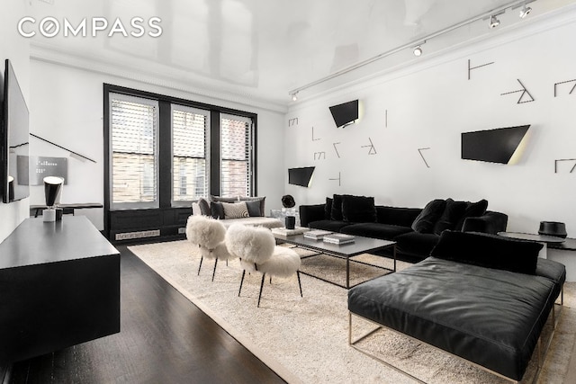 living room featuring dark hardwood / wood-style flooring, ornamental molding, and track lighting