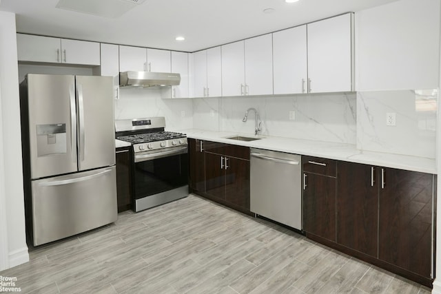 kitchen featuring white cabinetry, stainless steel appliances, sink, and dark brown cabinets