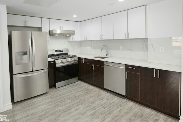 kitchen featuring backsplash, under cabinet range hood, appliances with stainless steel finishes, white cabinets, and a sink