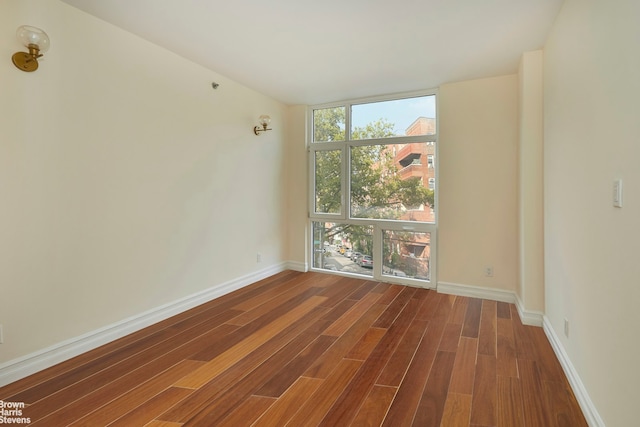 empty room with floor to ceiling windows, baseboards, and wood finished floors