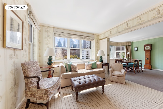 116 E 66th St Unit 8/9F, New York City, NY 10065 - living area with plenty of natural light, baseboards, wallpapered walls, and light colored carpet