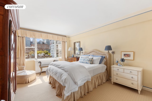 116 E 66th St Unit 8/9F, New York City, NY 10065 - bedroom featuring light colored carpet, a city view, and baseboards