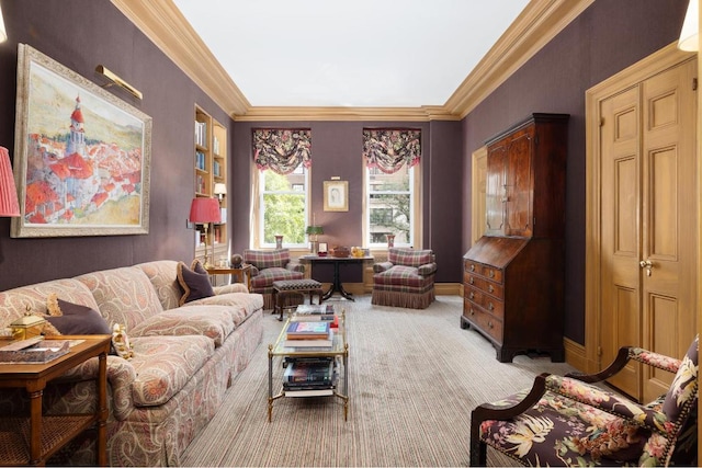 carpeted living room featuring ornamental molding