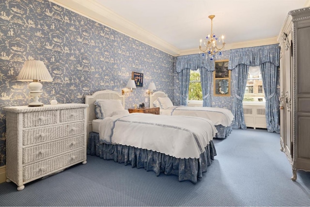 bedroom with radiator, a chandelier, crown molding, and dark carpet