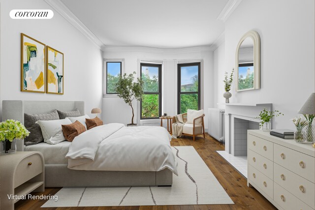 bedroom with radiator, dark wood-type flooring, and ornamental molding