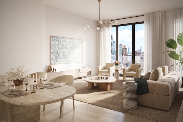 living room with a view of city and wood finished floors