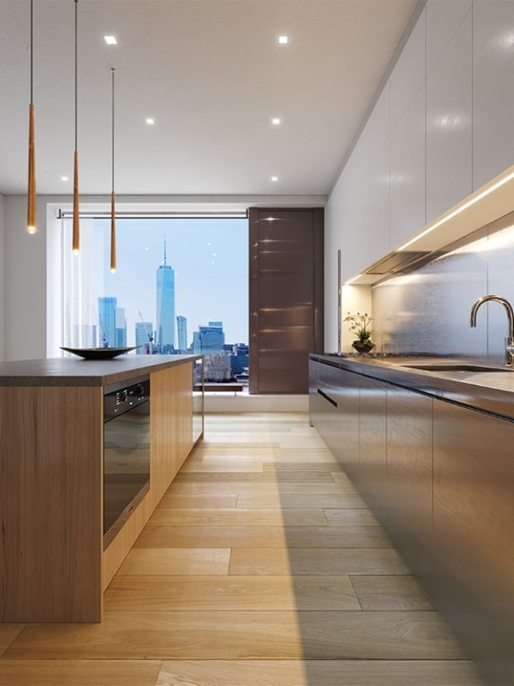 251 W 14th St Unit 9-B, New York City, NY 10011 - kitchen featuring pendant lighting, white cabinetry, sink, wall oven, and light hardwood / wood-style flooring