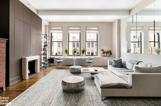 living room with dark wood-style flooring