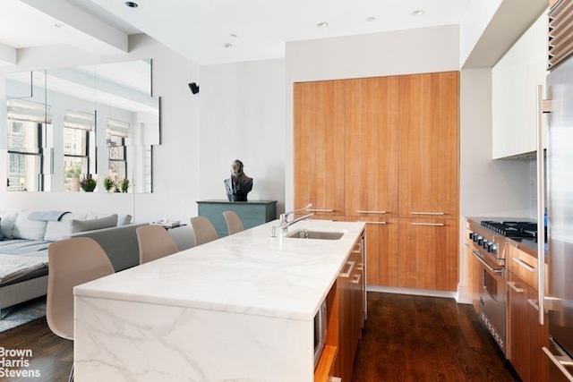 kitchen featuring a kitchen island with sink, premium appliances, sink, and dark hardwood / wood-style floors