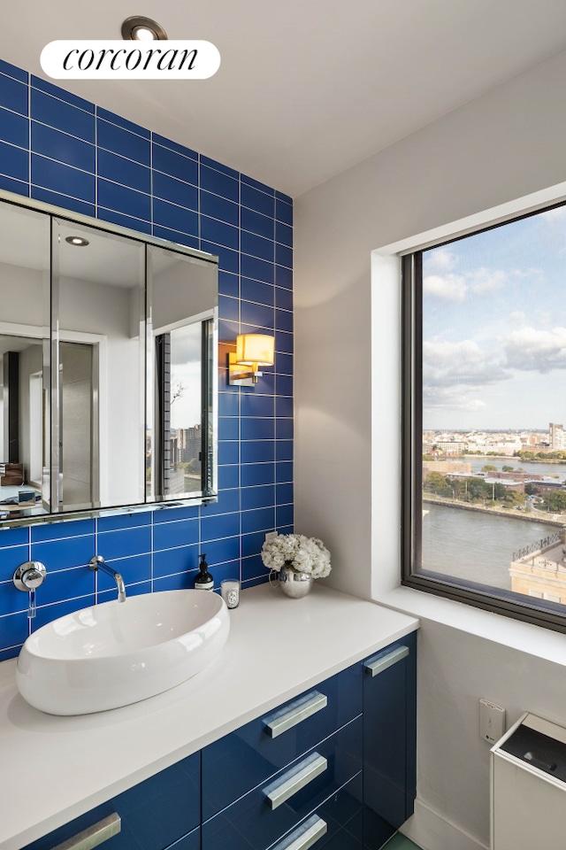 bathroom with tasteful backsplash, a healthy amount of sunlight, a water view, and vanity